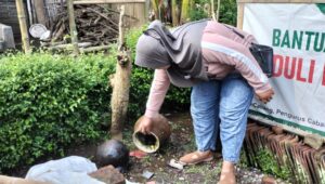 Warga membuang air yang tergenang di sebuah kendi untuk mencegah penyebaran virus DBD dan Chikungunya, Jumat (17/1/2025). (Foto: Zainul Hasan)