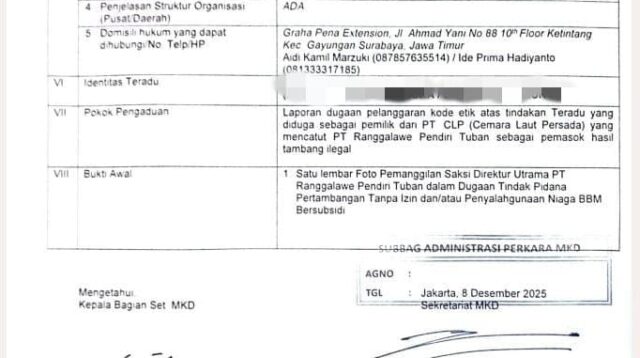 Tanda terima pengaduan Anggota DPR RI berinisial KLM yang diadukan ke MKD. (Foto: Istimewa)