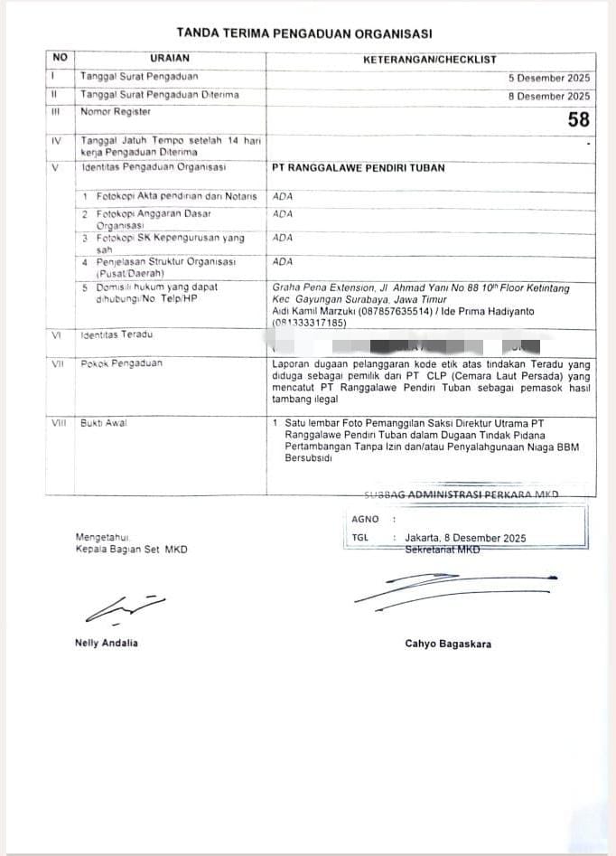 Tanda terima pengaduan Anggota DPR RI berinisial KLM yang diadukan ke MKD. (Foto: Istimewa)