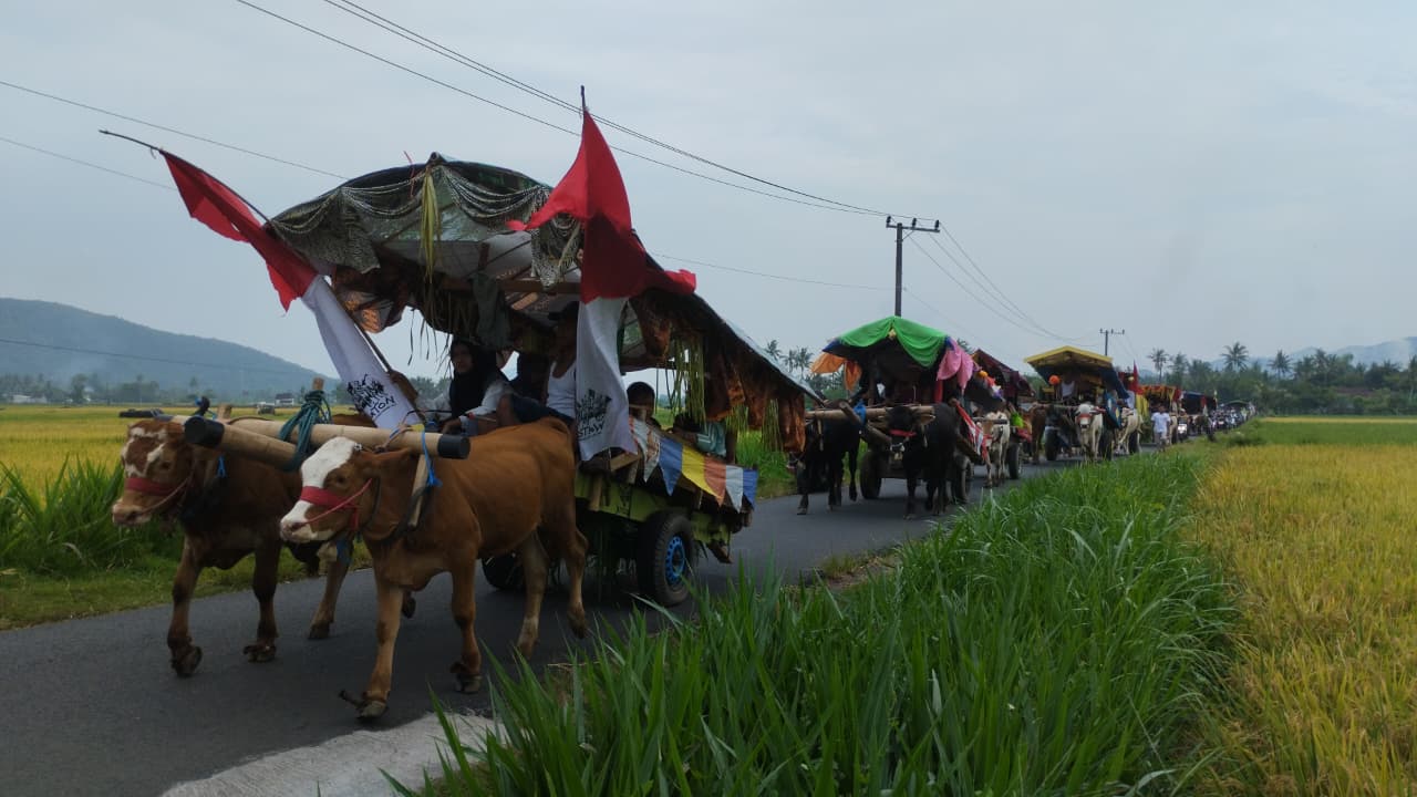 Deretan Pegon saat arak-arakan dari Balai Desa Sumberejo menuju Pantai Watu Ulo (Foto: Fadli/Jurnalbangsa).